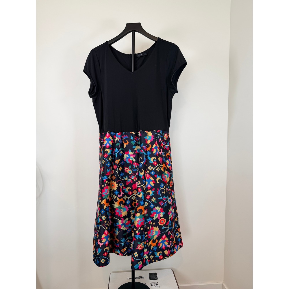 eShakti Black Floral Fit and Flare Dress V-Neck Short Sleeve Mixed Media Size 14